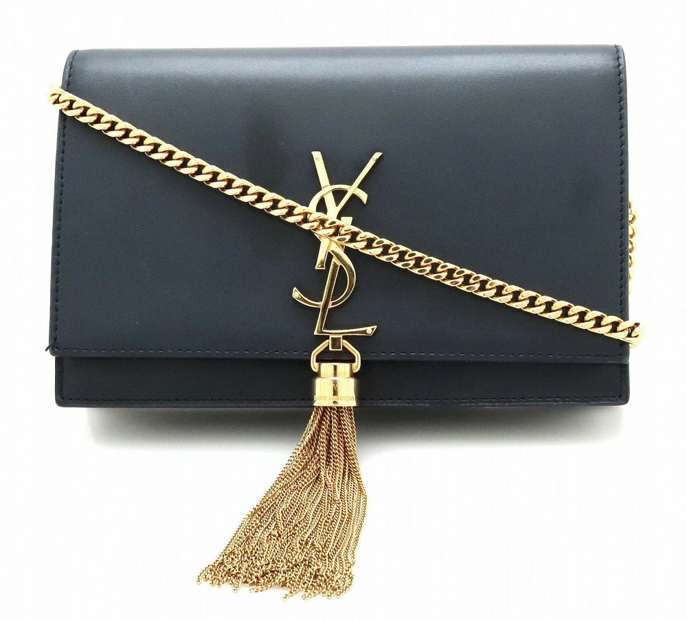 SAINT LAURENT PARIS Chain Wallet Crossbody Bag Fringe Leather Dark Navy Blue